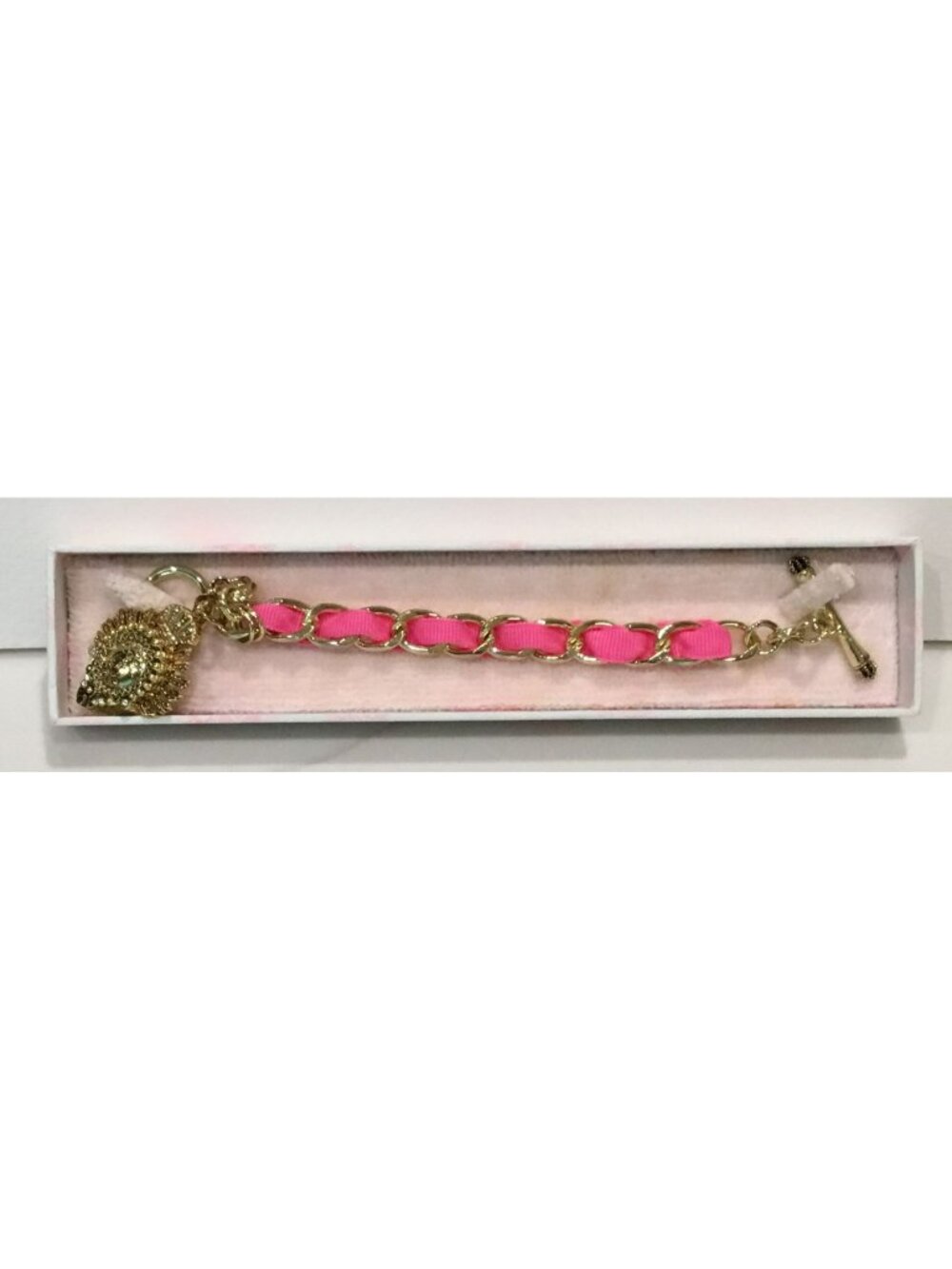 Juicy Couture Couture Couture Pink Ribbon & Gold Charm Bracelet In Gift Box